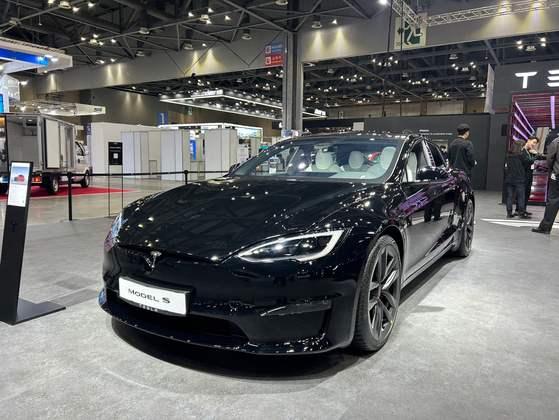 Tesla's Model S on display at the Seoul Mobility Show [SARAH CHEA]