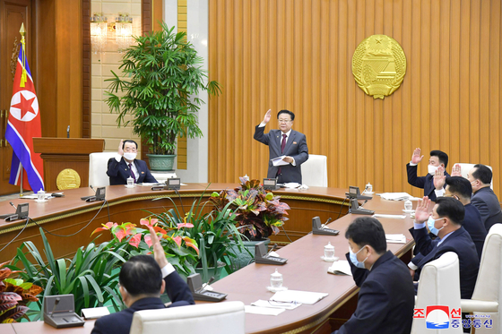 North Korean officials convene in a plenary meeting of the Standing Committee of the Supreme People's Assembly on Tuesday. [KOREAN CENTRAL NEWS AGENCY]