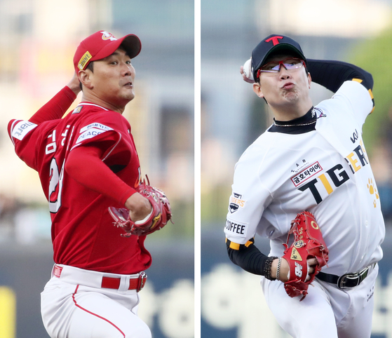 Kim Kwang-hyun of the SSG Landers, left, and Yang Hyeon-jong of the Kia Tigers pitch during a game at Gwangju Kia Champions Field in Gwangju on Tuesday.  [YONHAP]