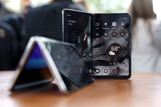 Google's latest Pixel Fold phone displayed during the Google I/O developers conference on Wednesday in California [GETTY IMAGES/YONHAP] 