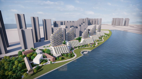 A design image of ″Yoo Hyunjoon Terrace Town″ to be built in Songdo. The residential complex is stacked in a zigzag pattern to secure the privacy of the apartment houses, each attached with a terrace. [INTERNATIONAL FREE ECONOMIC ZONE]
