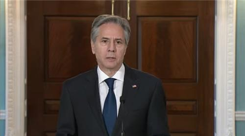 Secretary of State Antony Blinken speaks during a press conference on the release of 2022 International Religious Freedom Report held at the State Department in Washington on Monday. [SCREEN CAPTURE]