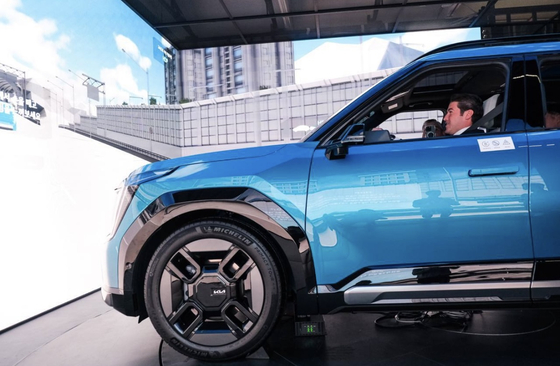 Samuel Garcia, governor of the northeast state of Nuevo Leon, is in Kia's EV9 Tuesday. [SCREEN CAPTURE]
