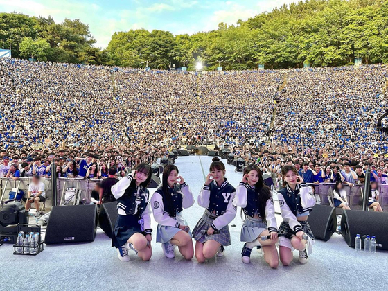 Members of K-pop group IVE pose during a concert at Yonsei University’s spring festival in western Seoul last Saturday. [IVE’S INSTAGRAM ACCOUNT]
