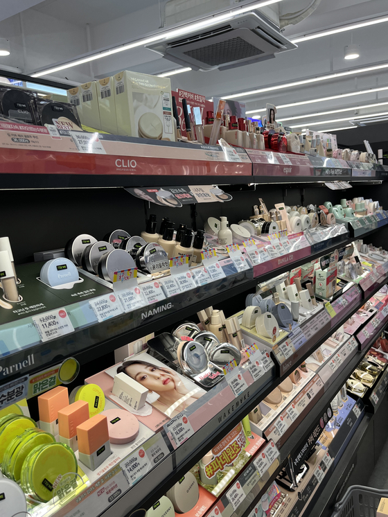 A foundation display of various brands in an Olive Young store [SOFIA DEL FONSO]