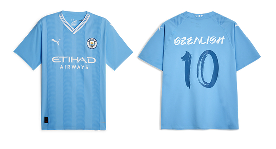 Puma announced Monday that Premier League club Manchester City will wear a special kit inspired by hangul, the Korean alphabet, when they face Atletico Madrid in Seoul on Sunday. The above photo shows a Jack Grealish shirt with the name written in an English font based on hangul and numbering inspired by Korean calligraphy. The shirts will also be available at a Puma pop-up store at Lotte World Mall in Jamsil, southern Seoul over the weekend and outside Seoul World Cup Stadium in western Seoul before the game on Sunday.  [PUMA]