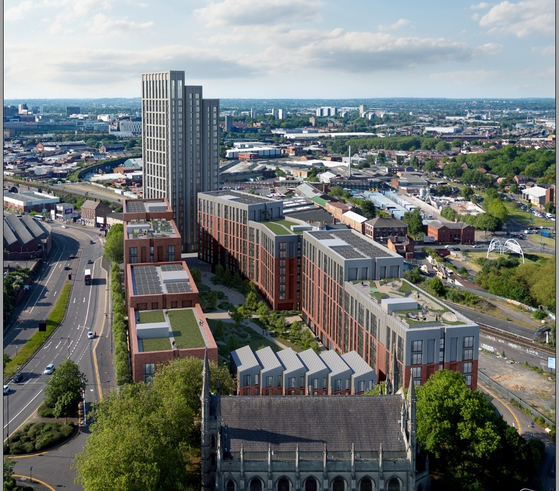 A rendered aerial view of Camp Hill, a rental housing project that will involve modular buildings made by Elements Europe, a British subsidiary of GS Engineering and Construction [GS E&C]