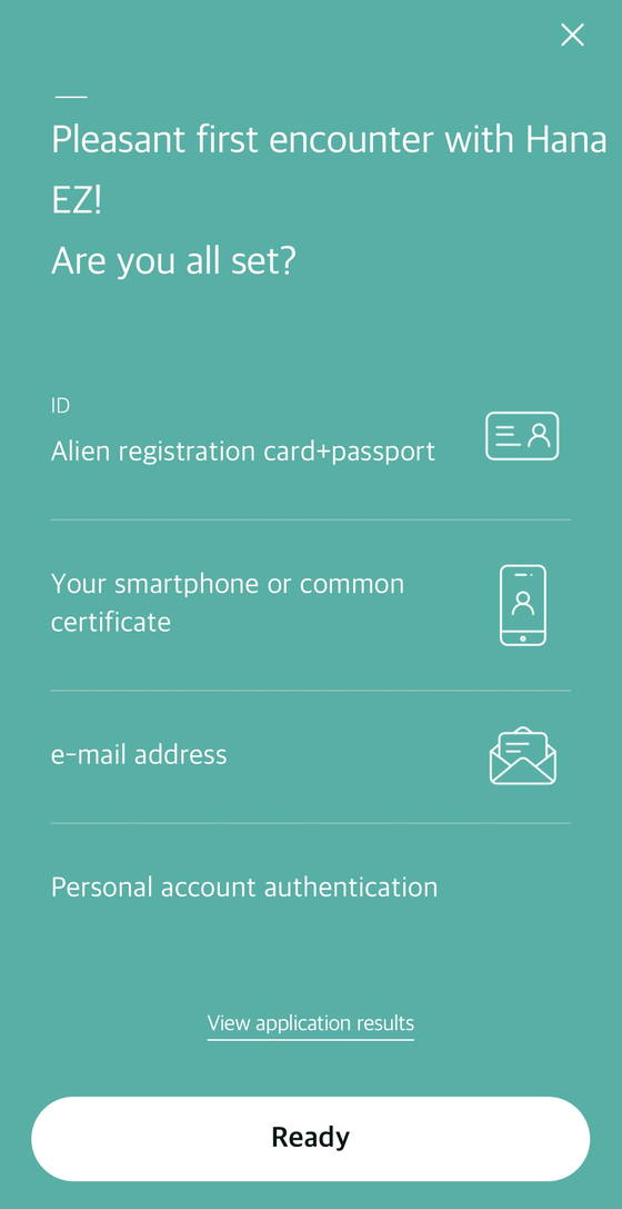 A screen shot of the Hana EZ application, which allows foreigners to open bank accounts without having to visit branches. [SCREEN CAPTURE]