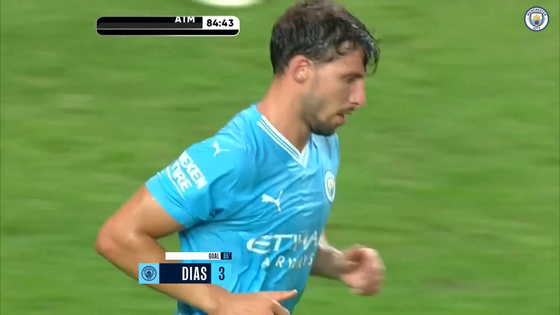 Manchester City's Ruben Dias reacts after scoring a goal during a preseason game against Atletico Madrid at Seoul World Cup Stadium in western Seoul on Sunday. [ONE FOOTBALL]