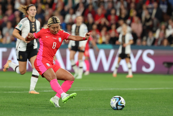 Korea's Cho So-hyun scores a goal during a 2023 FIFA Women's World Cup group stage game against Germany at Suncorp Stadium in Brisbane, Australia on Thursday. [YONHAP]