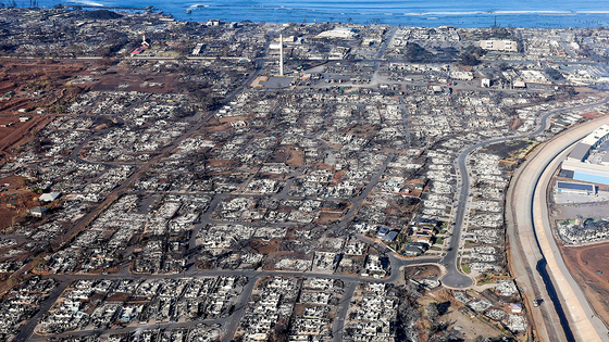 In an aerial view, homes and businesses are seen that were destroyed by a wildfire on Friday in Lahaina, Hawaii. [AFP/YONHAP]