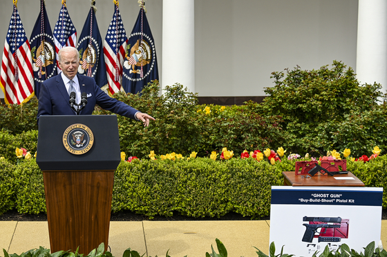 President Joe Biden unveils regulations against the D.I.Y. firearms known as ghost guns, in the Rose Garden of the White House in Washington, on April 11, 2022. A rule regulating the firearm kits was a centerpiece of President Biden’s gun control initiative; the Supreme Court has temporarily revived it, but it has been troubled by significant challenges. [Kenny Holston/The New York Times]