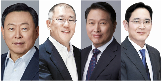 From left: Lotte Group Chairman Shin Dong-bin; Hyundai Motor Group Executive Chair Euisun Chung; SK Group Chairman Chey Tae-won; Samsung Electronics Executive Chairman Lee Jae-yong [EACH COMPANY, YONHAP]