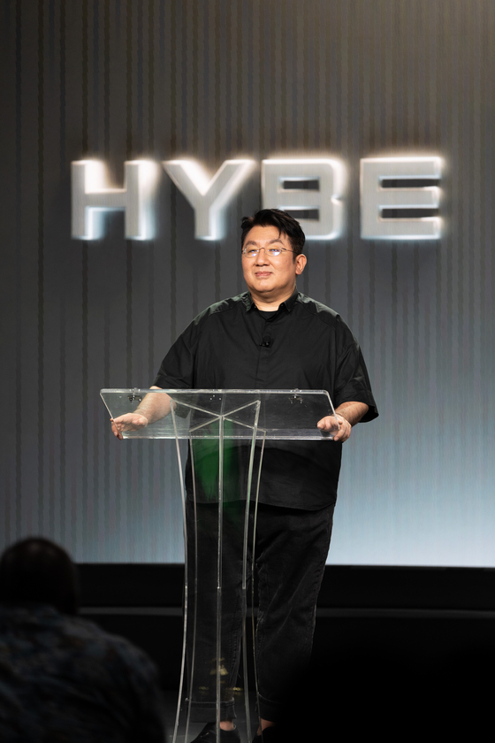 Bang Si-hyuk, chairman of HYBE, gives a speech at a press briefing held on Tuesday morning to explain more about “The Debut: Dream Academy,” a girl group debut project set to begin on Sept. 2. [HYBE]
