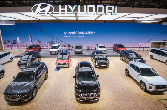 Hyundai Motor cars are displayed at the Gaikindo Indonesia International Auto Show 2023, held from Aug. 10 to 20 in Indonesia. [HYUNDAI MOTOR] 