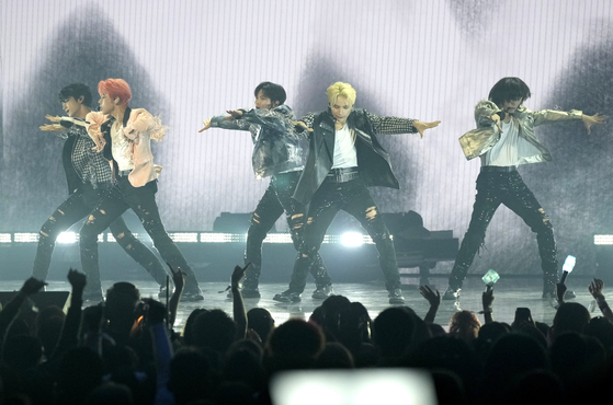 Tomorrow X Together performs during the MTV Video Music Awards on Tuesday at the Prudential Center in Newark, N.J. [AP]