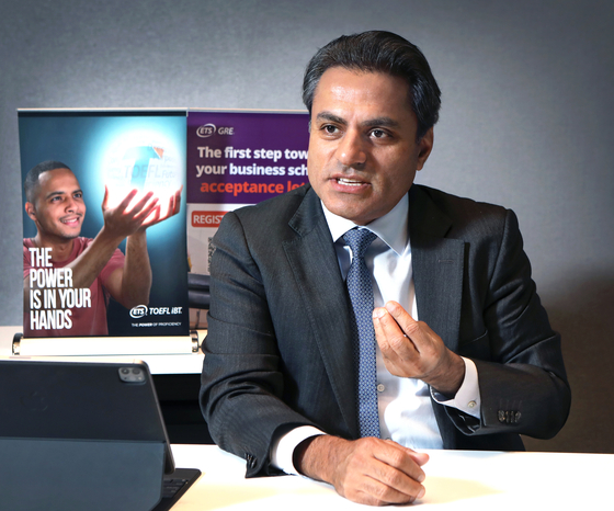 Rohit Sharma, ETS's senior vice president of global higher education and workskills, speaks during an interview with the Korea JoongAng Daily. [PARK SANG-MOON]