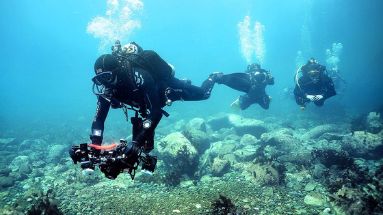 The JoongAng Ilbo's special reporting team and researchers at the Korea Institute of Ocean Science and Technology (Kiost) swim and search in the ocean near Ulleung Island. [JOONGANG PHOTO] 