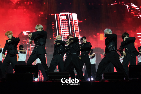 Boy band EPEX gives a performance during a pres showcase held at the Blue Square music venue in central Seoul on Wednesday before dropping its fifth EP "Prelude of Anxiety Chapter 2. 'Can We Surrender?'" [CHO YONG-JUN]