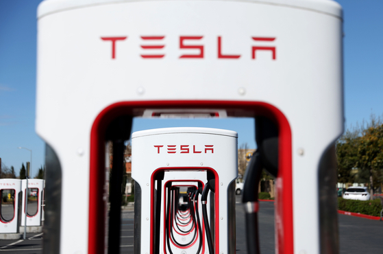 Tesla Superchargers are seen at the Petaluma Supercharger in Petaluma, California, on March 9, 2022. [AFP/YONHAP]