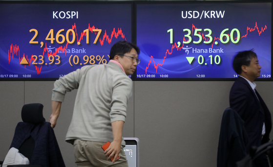 Screens in Hana Bank's trading room in central Seoul show stock and foreign exchange markets close on Tuesday. [YONHAP]