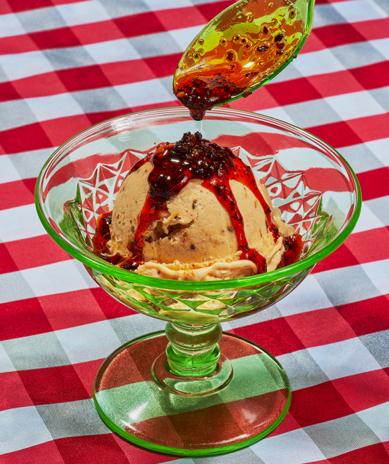 Ice cream infused with chili crisp in James Park's cookbook "Chili Crisp" [JAMES PARK]