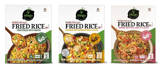 CJ CheilJedang's Korean-style frozen fried rice available in three varieties: vegetable with kimchi, K-BBQ chicken, and shrimp with soy garlic. [CJ CHEILJEDANG]