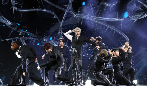 Boy band ZeroBaseOne performs its new track ″Crush″ during a showcase held on Monday at the Yes24 Live Hall music venue in eastern Seoul, ahead of the release of its second EP ″Melting Point″ at 6 p.m. [NEWS1]