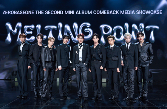 Boy band ZeroBaseOne poses for photos during a showcase held on Monday at the Yes24 Live Hall music venue in eastern Seoul, ahead of the release of its second EP ″Melting Point″ at 6 p.m. [WAKEONE]
