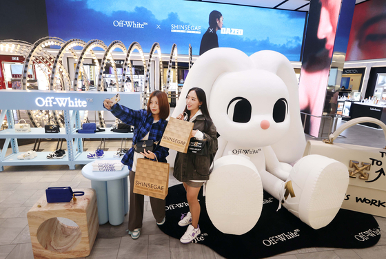 Shinsaegae Duty Free's new brand character Bani, in collaboration with fashion brand Off-White, is displayed at a pop-up store in Jung District, central Seoul. [NEWS1]