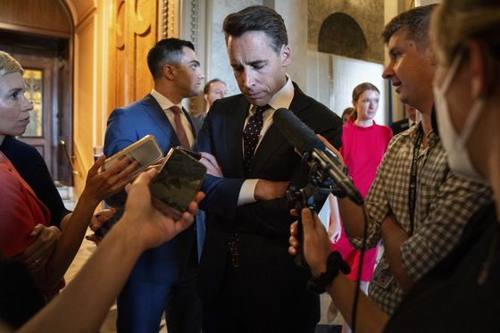 Sen. Josh Hawley (R-Mo.) speaks to reporters at the Capitol in Washington, on Wednesday, Sept. 6, 2023. TikTok has the “power to radically distort the world picture that America’s young people encounter,” said Hawley, who on Wednesday, Nov. 8, 2023, called for a Senate vote for a bill he wrote to ban TikTok. [Kent Nishimura/The New York Times]