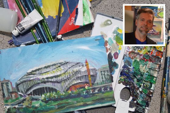 A painting of Gocheok Sky Dome in western Seoul by British artist Andy Brown, inset.  [ANDY BROWN]