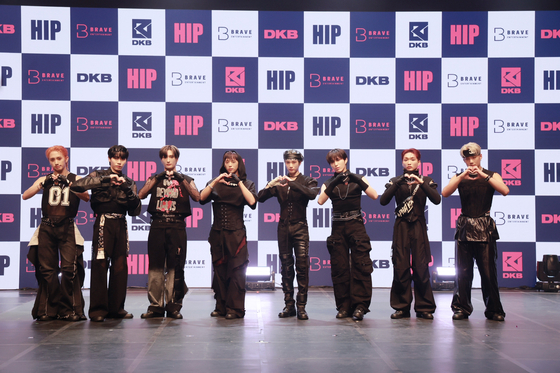 Boy band DKB poses for pictures during a showcase held Thursday in eastern Seoul before the release of DKB's seventh EP ″HIP.″ [BRAVE ENTERTAINMENT]