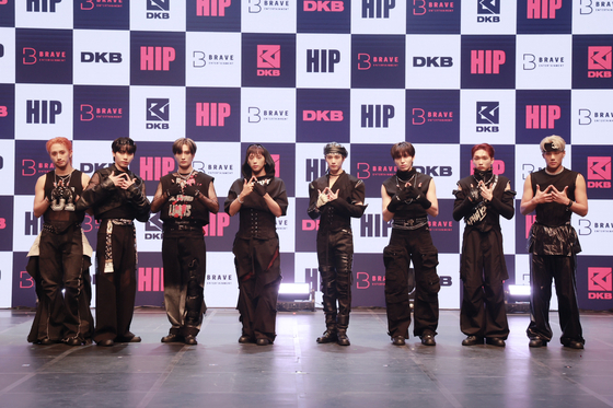 Boy band DKB poses for pictures during a showcase held Thursday in eastern Seoul before the release of DKB's seventh EP ″HIP.″ [BRAVE ENTERTAINMENT]