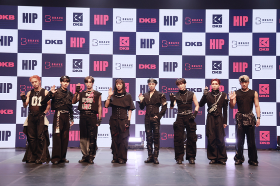 Boy band DKB poses for pictures during a showcase held Thursday in eastern Seoul before the release of DKB's seventh EP ″HIP.″ [BRAVE ENTERTAINMENT]