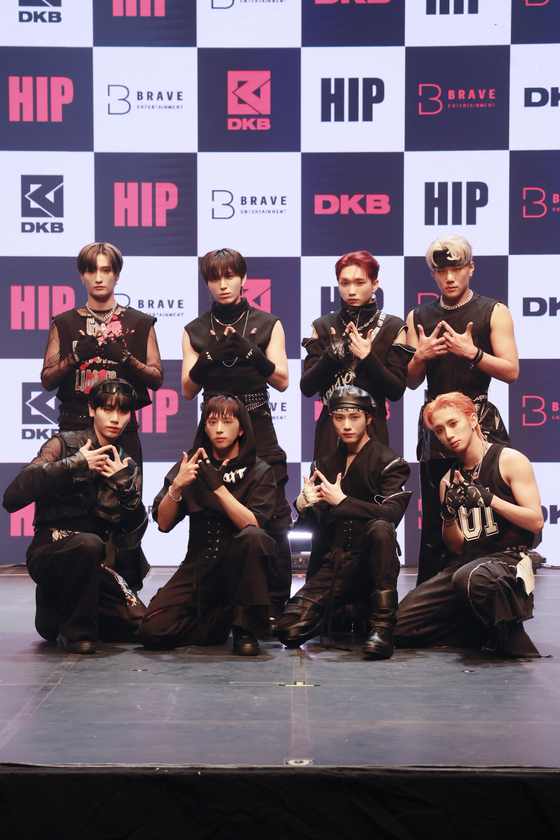 Boy band DKB poses for pictures during a showcase held Thursday in eastern Seoul before the release of DKB's seventh EP ″HIP.″ [BRAVE ENTERTAINMENT]