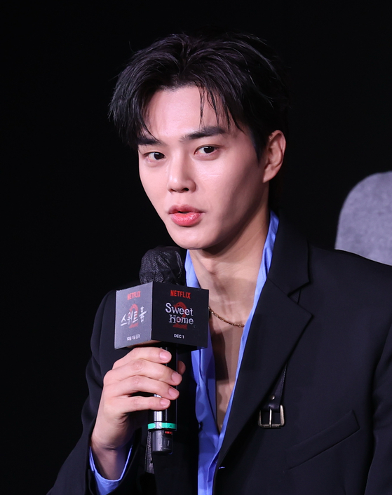 Actor Song Kang speaks during the press conference for the second season of Netflix series ″Sweet Home″ at SFactory in Seongdong District, eastern Seoul, on Thursday.