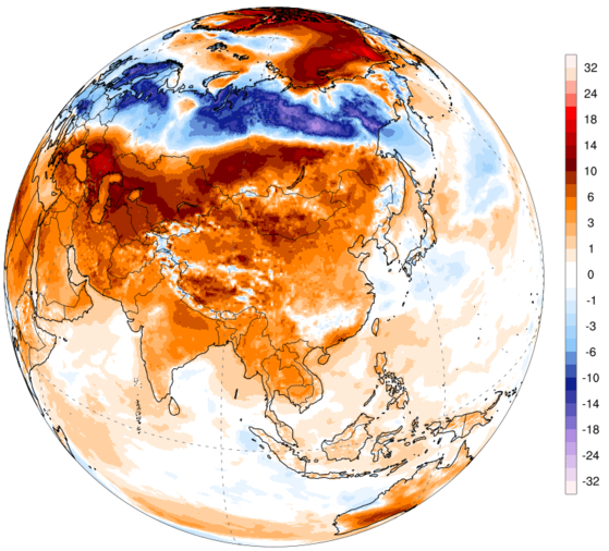 Temperature map of Asia on Sunday. Areas in red had higher-then-usual temperatures. [CLIMATE REANALYZER] 