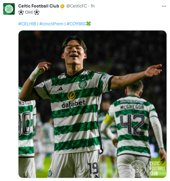 Oh Hyeon-gyu celebrates in a photo shared by the official Celtic on X on Wednesday. [SCREEN CAPTURE] 