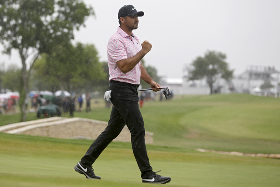 Jason Day of Australia reacts after making birdie on the 18th green during the final round of the AT&T Byron Nelson at TPC Craig Ranch on May 14, 2023 in McKinney, Texas. [GETTY IMAGES]