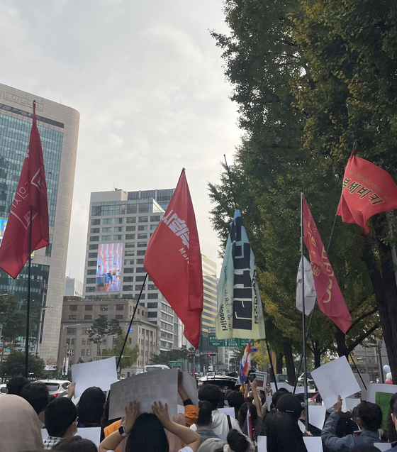 A demonstration in downtown Seoul is pictured. [NASIM RAGUS] 