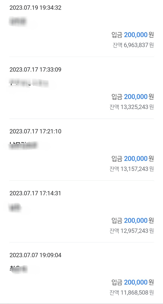 The victim of the bank-account freezing crime received 200,000 won five times, three of which were all on one day. [JOONGANG PHOTO]