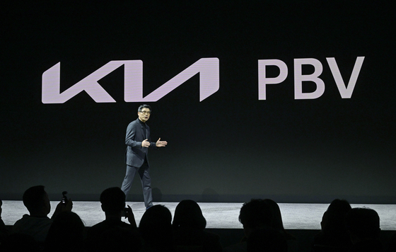 Kia CEO Song Ho-sung talks during a presentation at the Mandalay Bay Hotel in Las Vegas ahead of the CES 2024 that kicks off on Tuesday. [KIA]