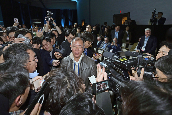 Hyundai Motor Group Executive Chair Euisun Chung answers to the press at the Mandalay Bay Hotel in Las Vegas ahead of the CES 2024 that kicks off on Tuesday. [HYUNDAI MOTOR]