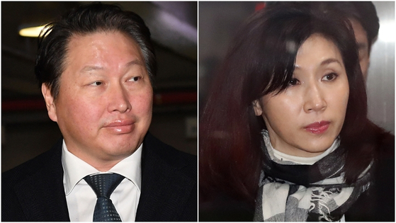 SK Group Chairman Chey Tae-won, left, and Art Center Nabi Director Roh Soh-yeong will meet for their first formal appeal trial to settle their divorce on Thursday. [YONHAP]