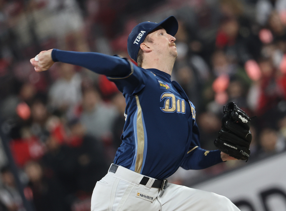 Former NC Dinos starter Erick Fedde pitches during Game 1 of the second round of KBO playoffs at KT Wiz Park in Suwon, Gyeonggi on Oct. 30, 2023. [YONHAP]