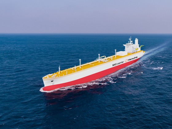 Pictured is a rendered image of an ammonia carrier developed by Hanwha Ocean. [YONHAP]