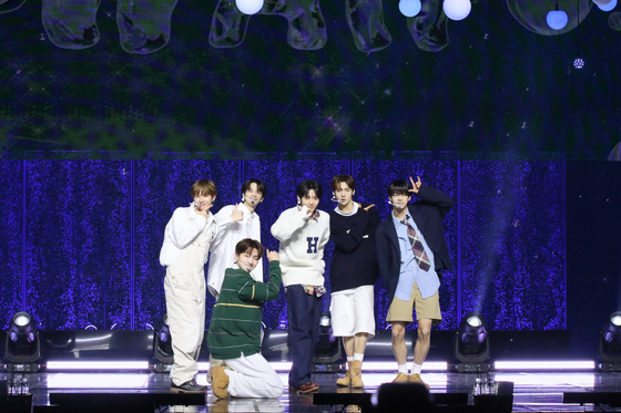 Rookie boy band TWS performs its debut lead track "plot twist" during a press showcase held Monday at the Blue Square in central Seoul. [PLEDIS ENTERTAINMENT]
