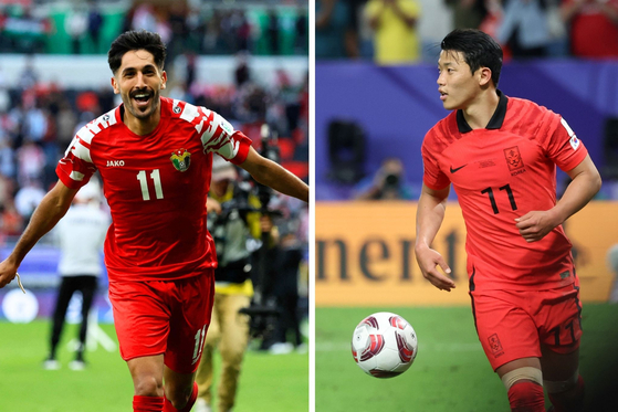 Korea's Hwang Hee-chan, right, and Jordan's Yazan al-Naimat  [AFP/YONHAP]