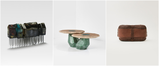 From left: Kim Ki-ra's ″Standing House,″ Weon Rhee's ″Primitive Structures (Botanical)″ and Debaroun's ″Harmony″ [LOEWE FOUNDATION]
